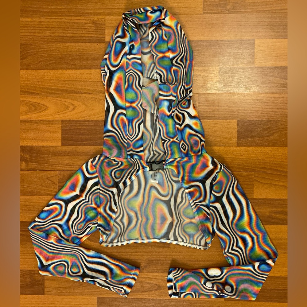 Multicolor Psychedelic Wave Print Mesh Buckle Detail Hooded Shrug